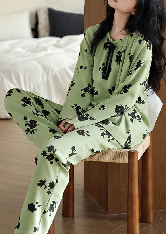 New Green Print Elastic Waist Cotton Pajamas Two Pieces Set Fall