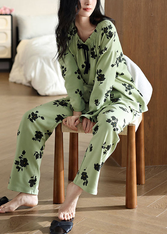 New Green Print Elastic Waist Cotton Pajamas Two Pieces Set Fall