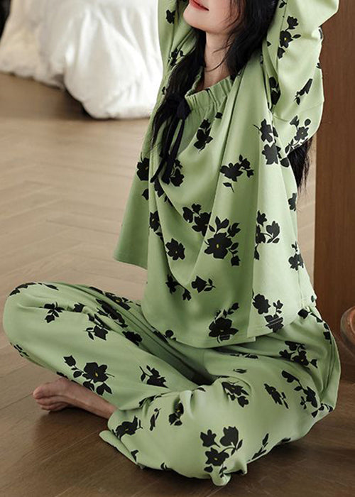 New Green Print Elastic Waist Cotton Pajamas Two Pieces Set Fall