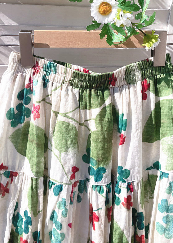 New Green Print Elastic Waist Cotton Skirt Summer