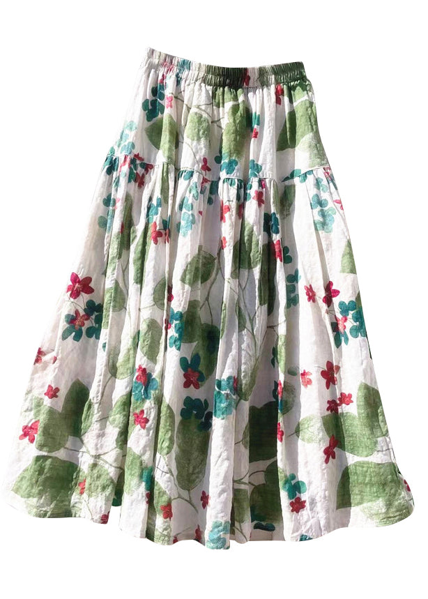 New Green Print Elastic Waist Cotton Skirt Summer