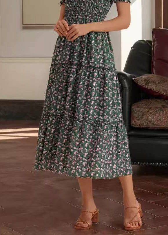 New Green Print High Waist Cotton Long Dresses Summer