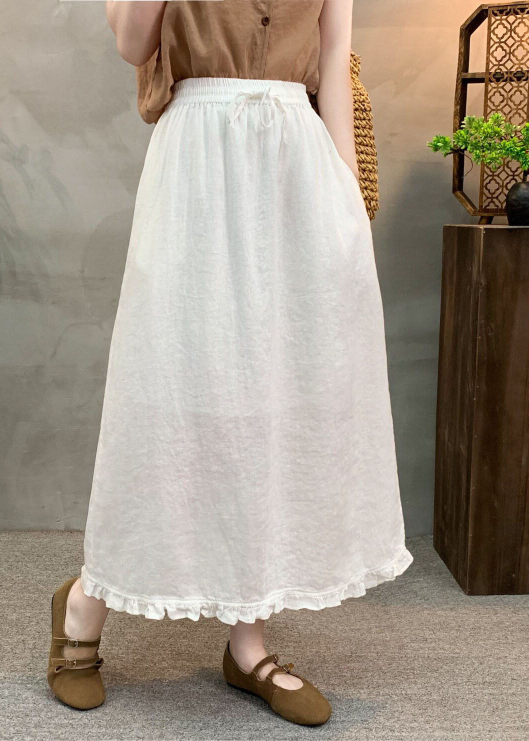 New Green Ruffled Patchwork Elastic Waist Linen Skirt Summer