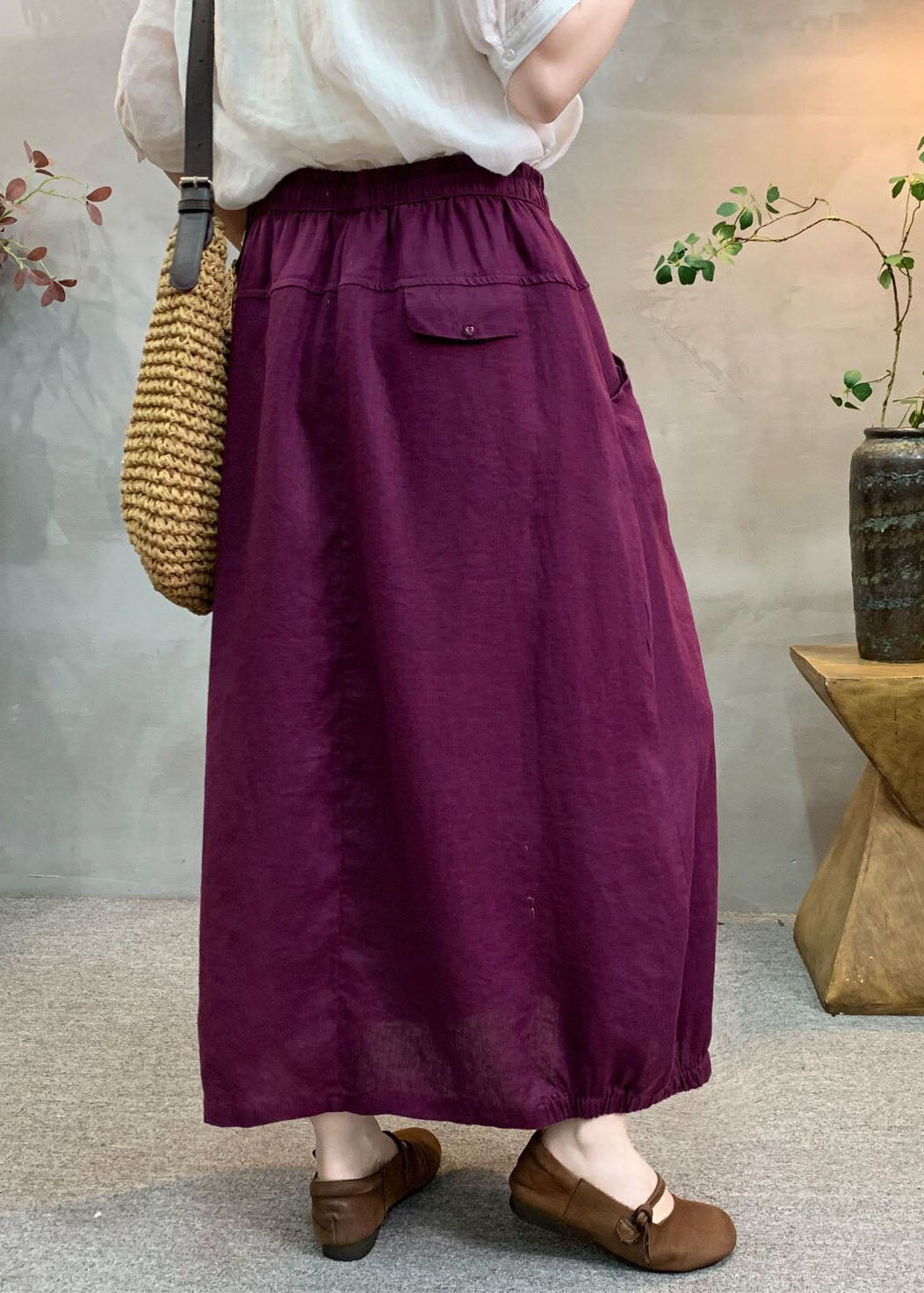 New Green Ruffled Patchwork Elastic Waist Linen Skirt Summer