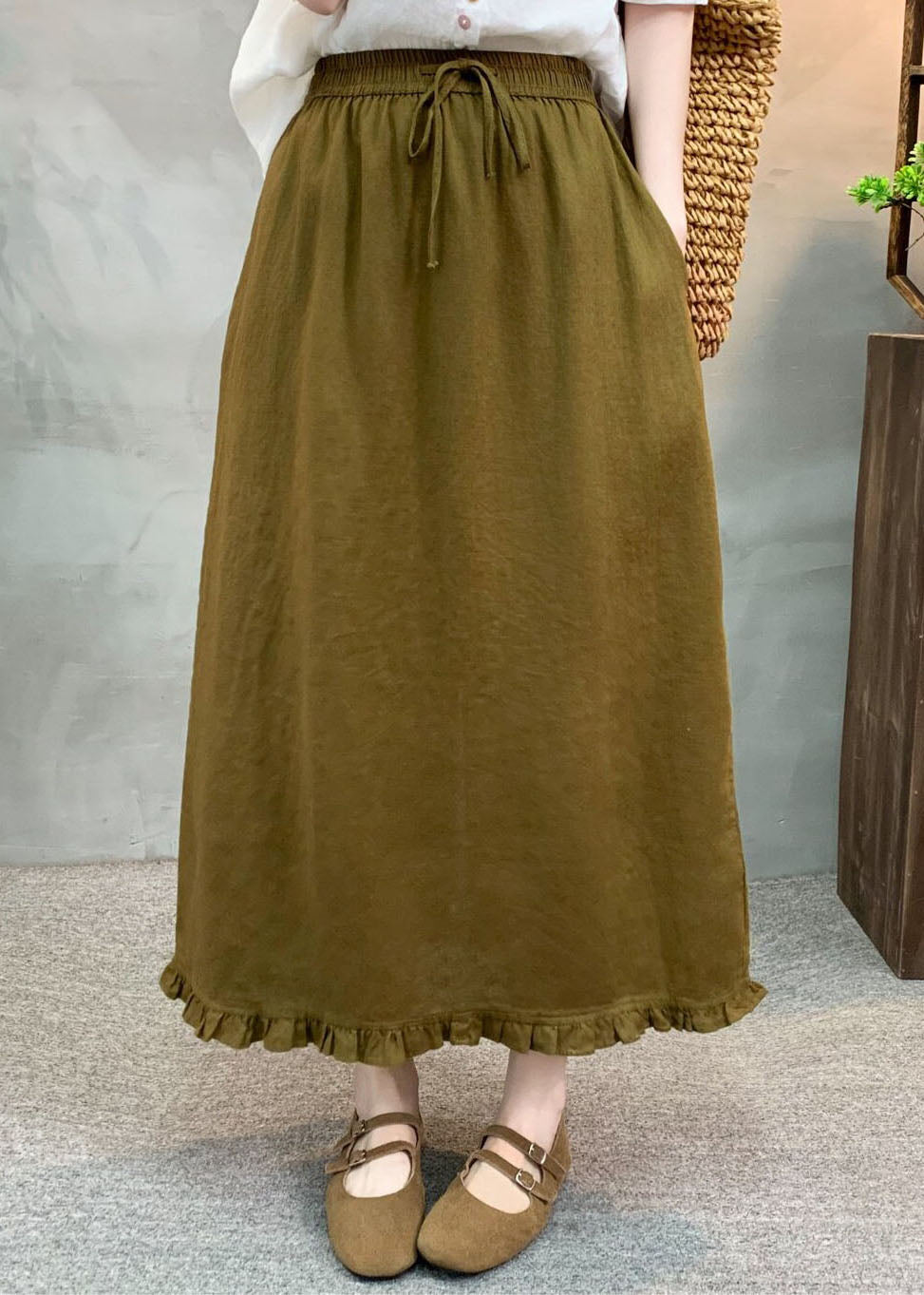 New Green Ruffled Patchwork Elastic Waist Linen Skirt Summer