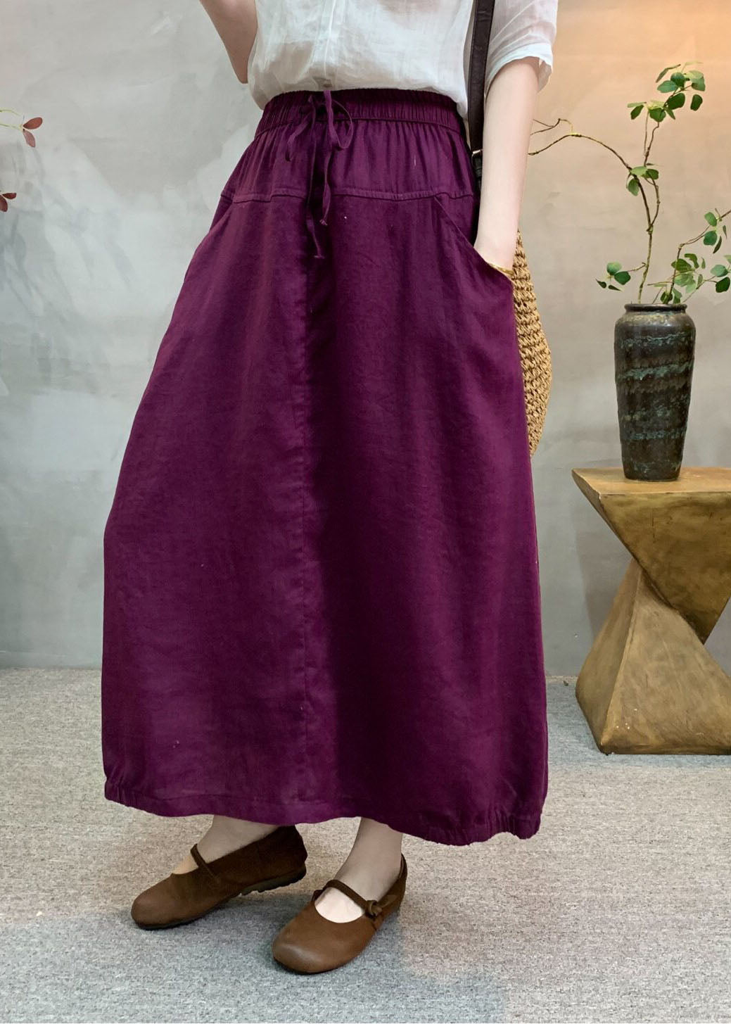 New Green Ruffled Patchwork Elastic Waist Linen Skirt Summer