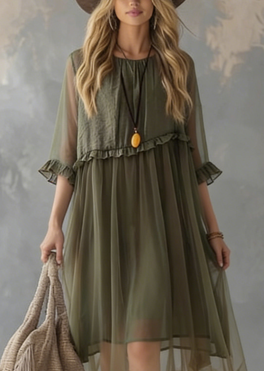 New Green Ruffled Tulle Patchwork Chiffon Dresses Summer