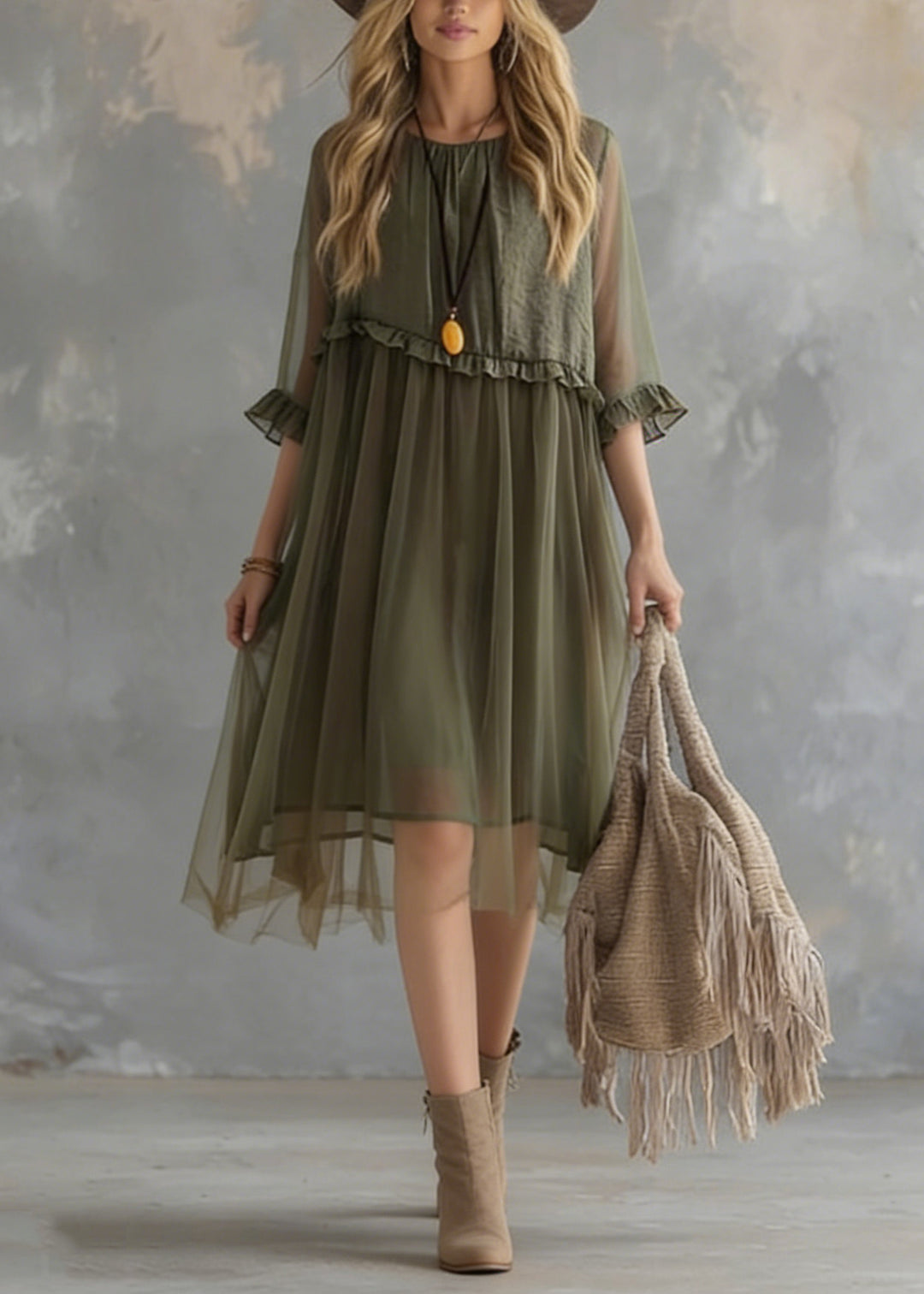 New Green Ruffled Tulle Patchwork Chiffon Dresses Summer