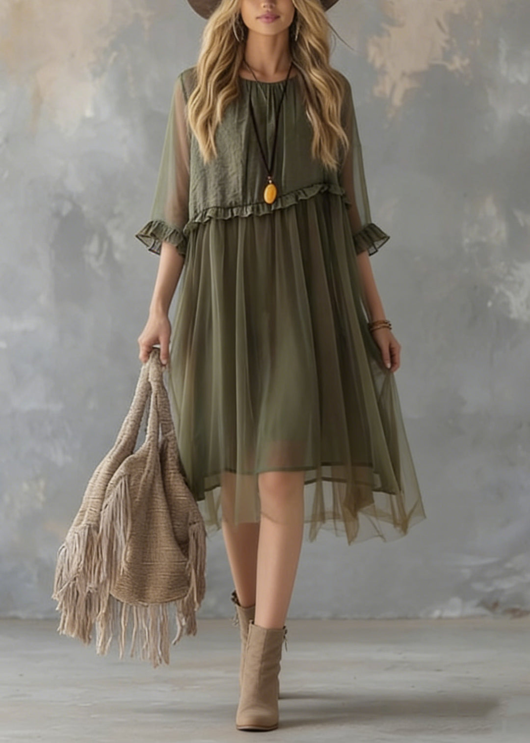 New Green Ruffled Tulle Patchwork Chiffon Dresses Summer