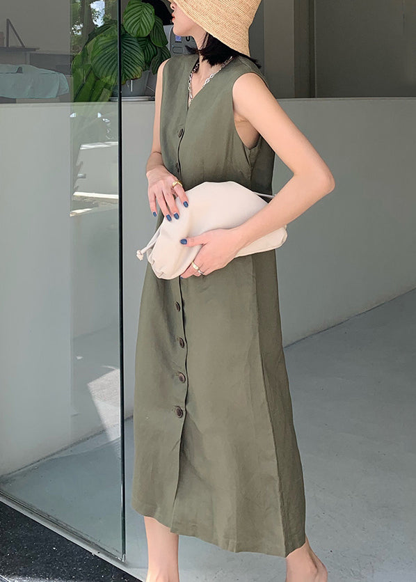 New Green V Neck Button Pockets Linen Dresses Sleeveless