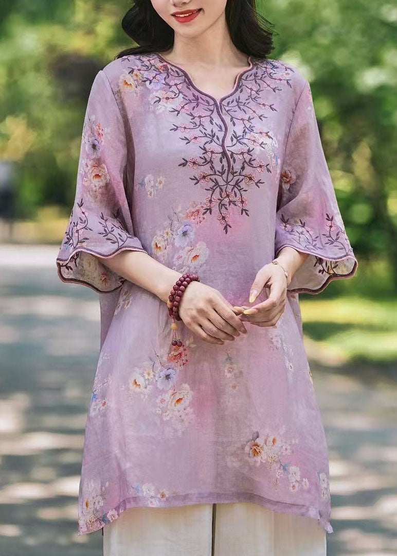 New Green V Neck Embroidered Print Linen Shirts Top Summer