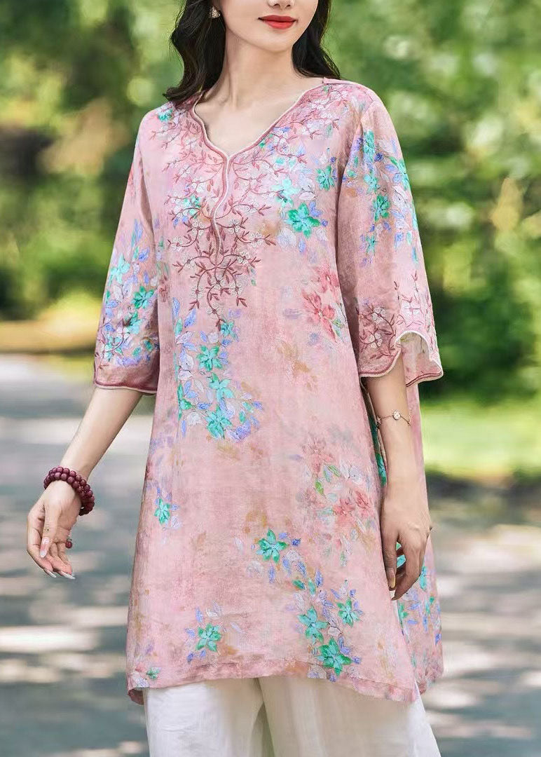 New Green V Neck Embroidered Print Linen Shirts Top Summer