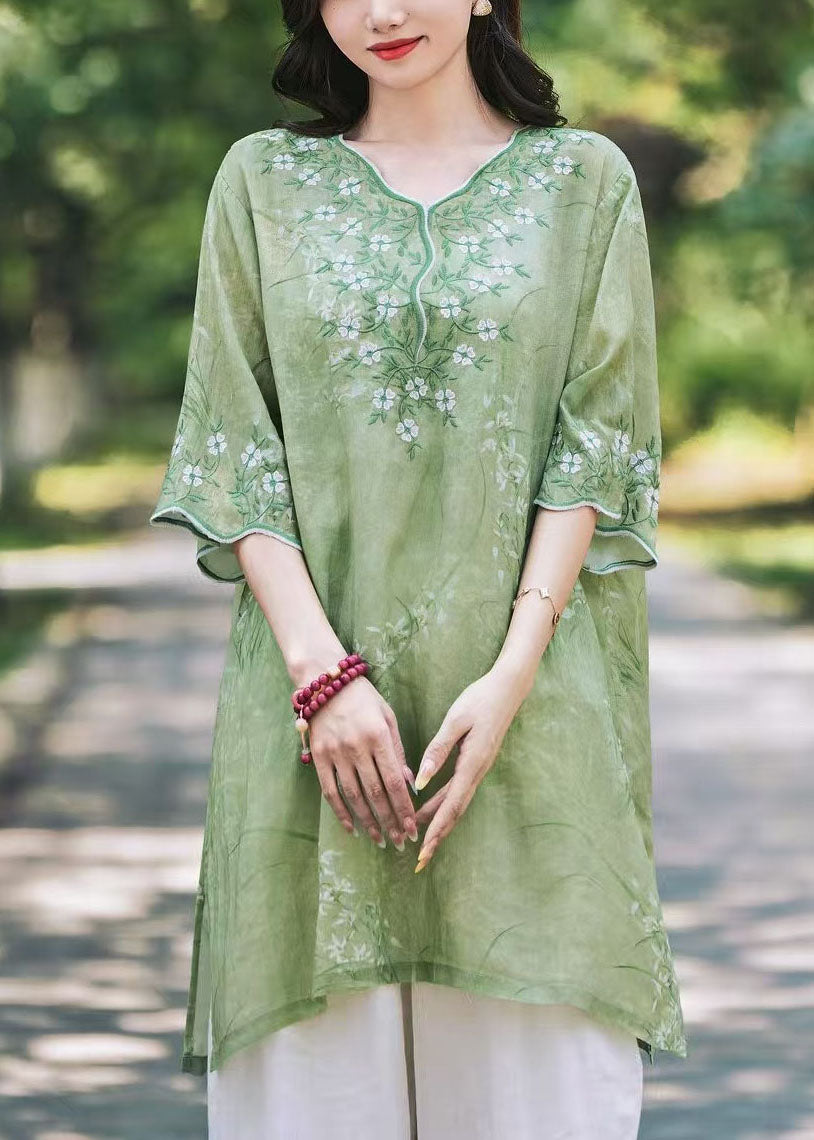 New Green V Neck Embroidered Print Linen Shirts Top Summer