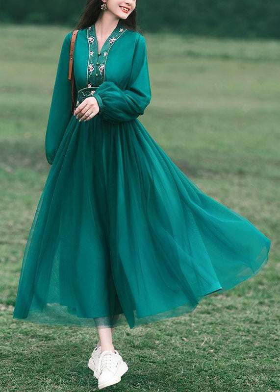 New Green V Neck Embroidered Tulle Long Dress Spring