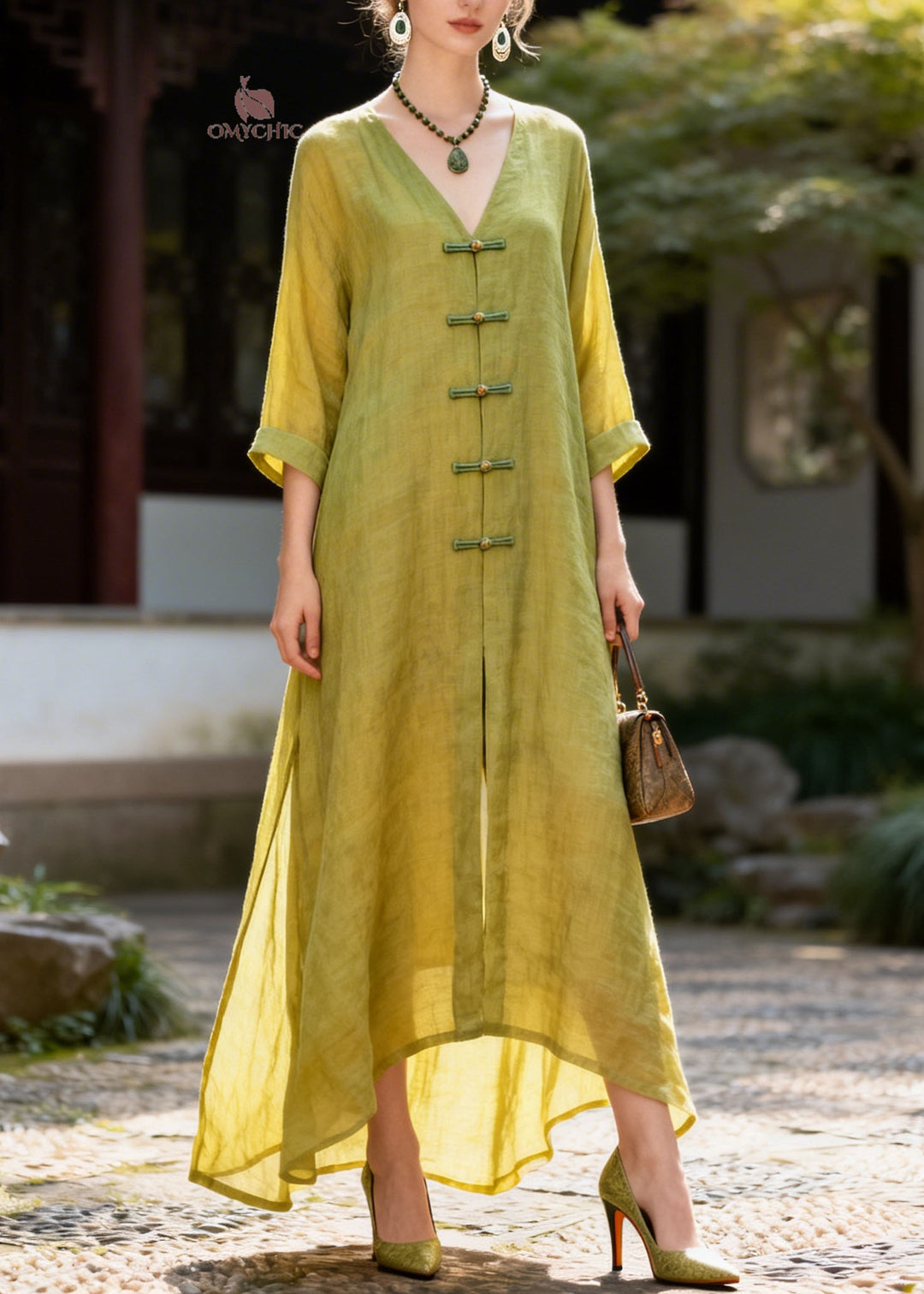 New Green V Neck Patchwork Chinese Button Cotton Maxi Dresses Summer