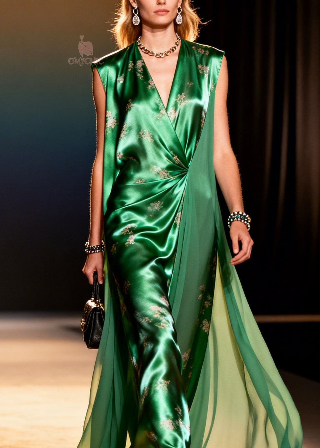 New Green V Neck Print Patchwork Chiffon Long Dress Summer
