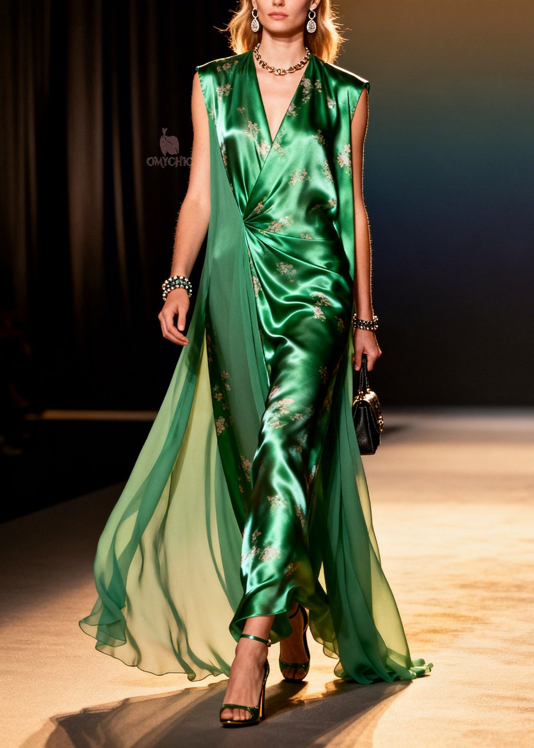 New Green V Neck Print Patchwork Chiffon Long Dress Summer