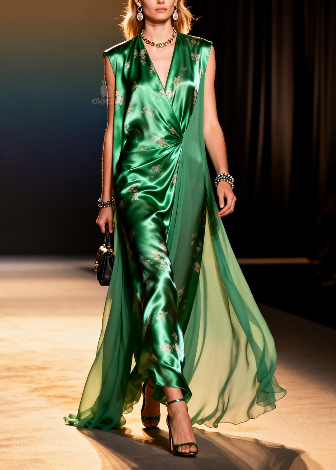 New Green V Neck Print Patchwork Chiffon Long Dress Summer