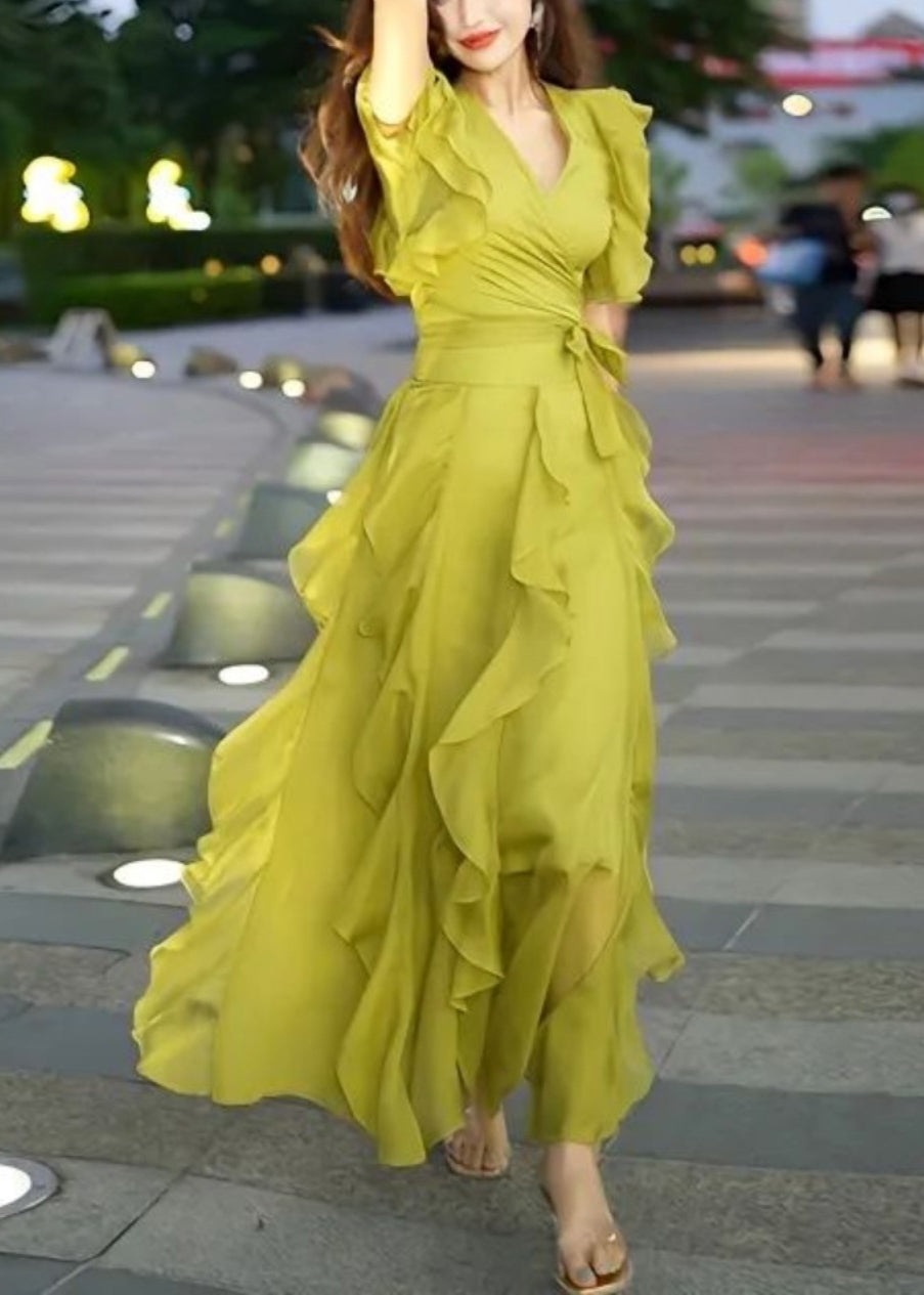 Long Chiffon Simple Dress with Halter Neck Green