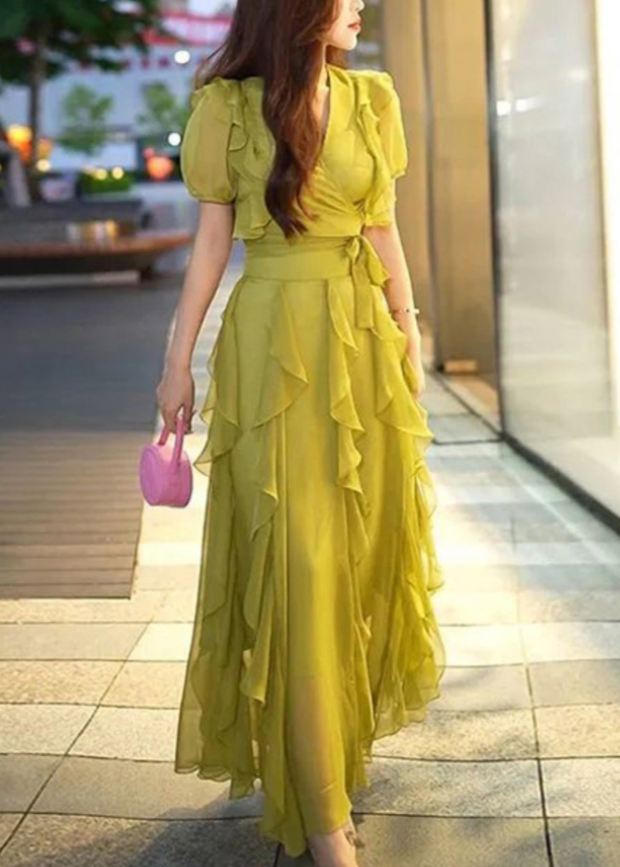New Green V Neck Ruffled Chiffon Long Dresses Summer – Omychic