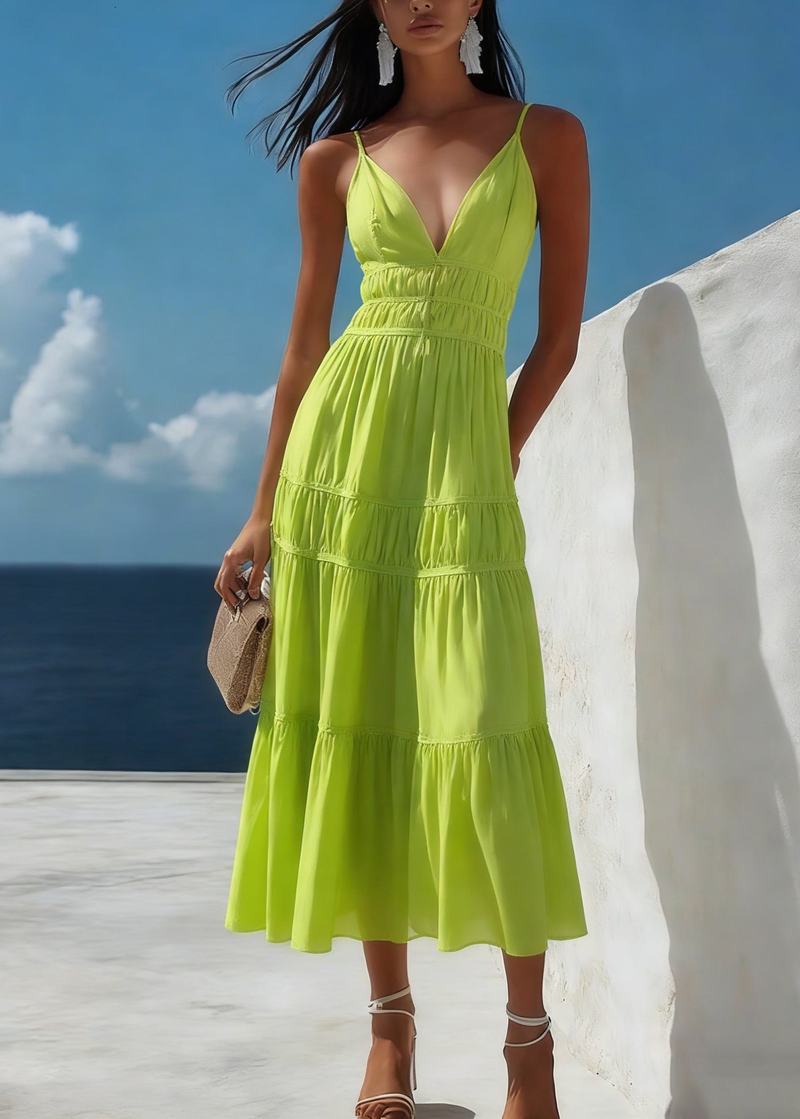 New Green V Neck Wrinkled Patchwork Cotton Dresses Summer - Omychic