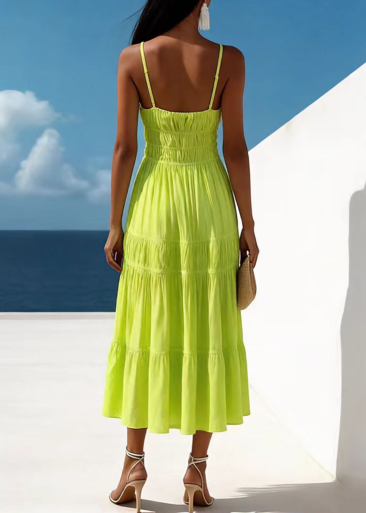 New Green V Neck Wrinkled Patchwork Cotton Dresses Summer - Omychic