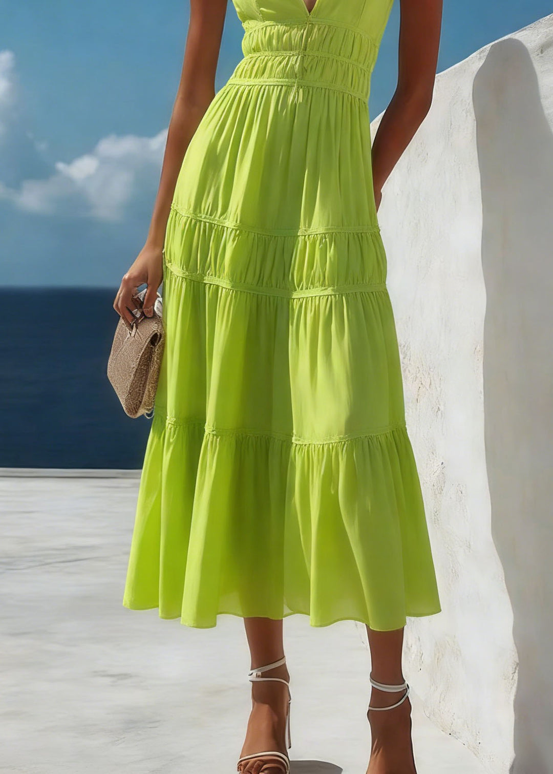 New Green V Neck Wrinkled Patchwork Cotton Dresses Summer - Omychic