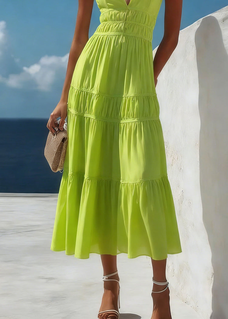 New Green V Neck Wrinkled Patchwork Cotton Dresses Summer - Omychic