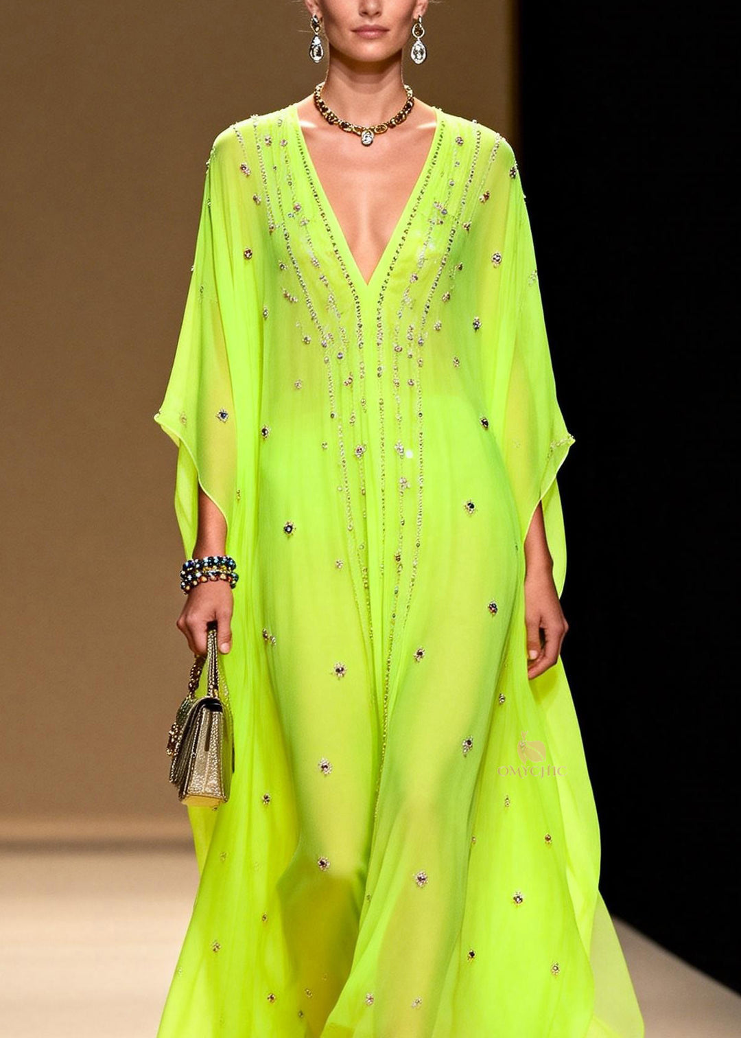 New Green V Neck Zircon Patchwork Chiffon Dresses Summer