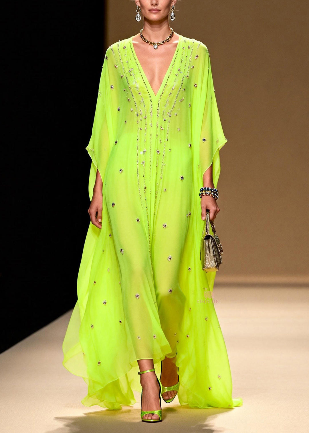 New Green V Neck Zircon Patchwork Chiffon Dresses Summer