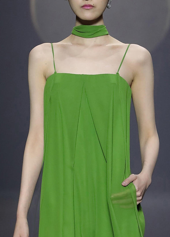 New Green Zippered Pockets Chiffon Spaghetti Strap Jumpsuit Sleeveless