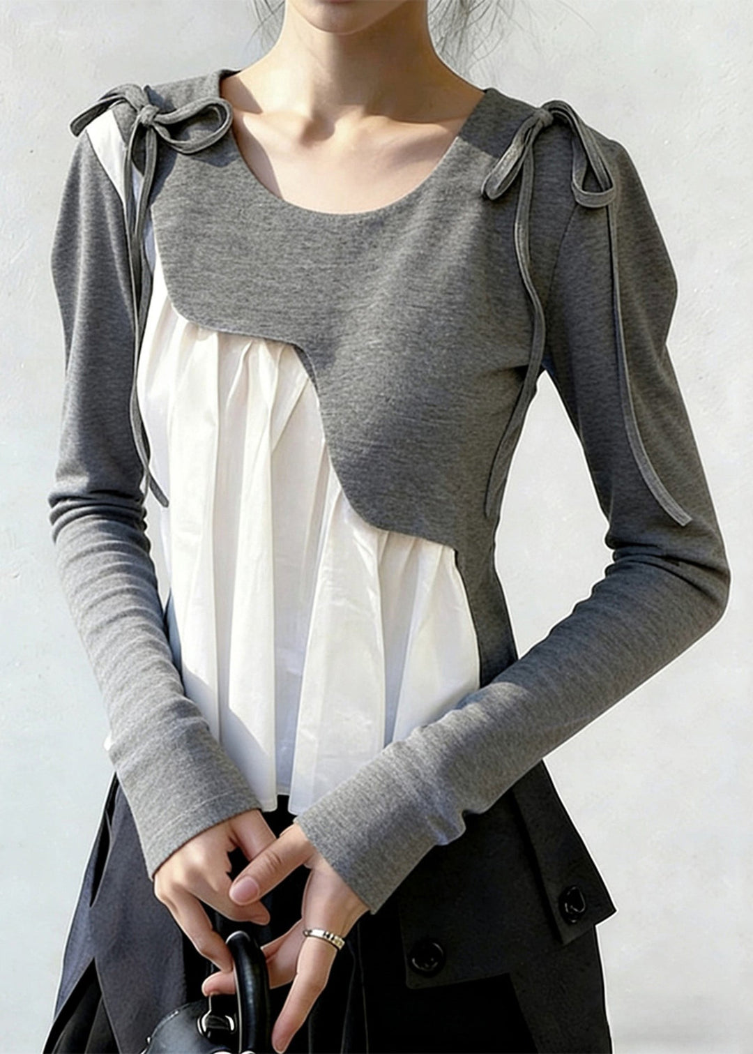 New Grey Asymmetrical Lace Up Patchwork Cotton T Shirts Spring