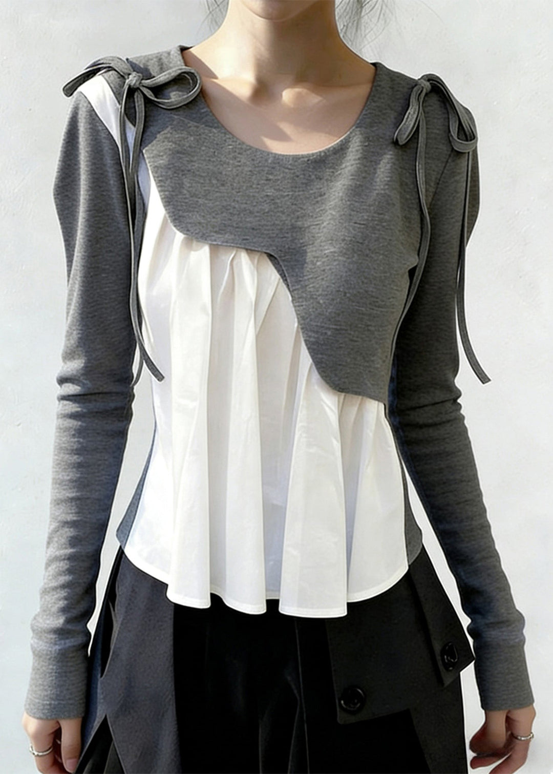 New Grey Asymmetrical Lace Up Patchwork Cotton T Shirts Spring