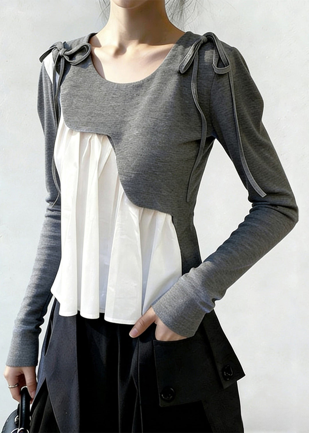 New Grey Asymmetrical Lace Up Patchwork Cotton T Shirts Spring