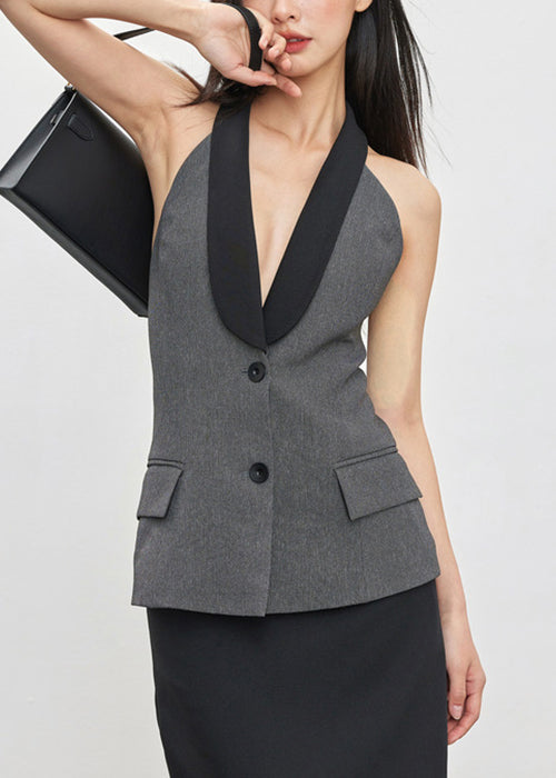 New Grey Backless Button Patchwork Spandex Tank Sleeveless
