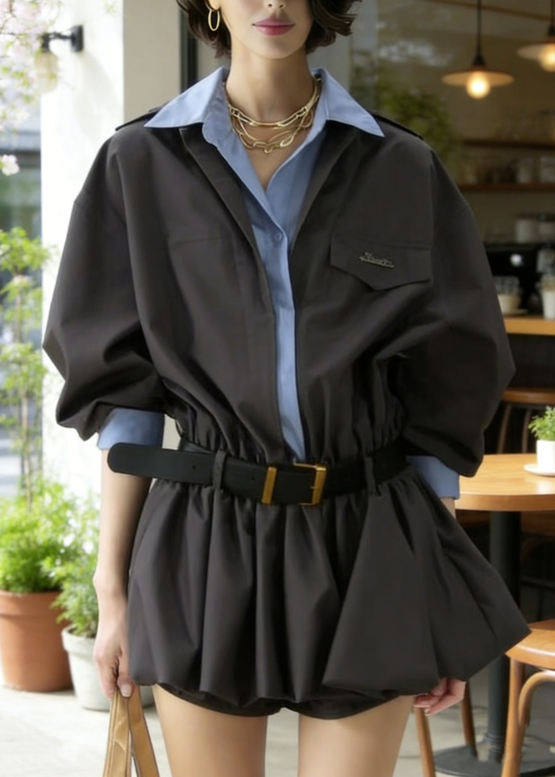 New Grey Button False Two Pieces Patchwork Cotton Shirts Dresses Spring