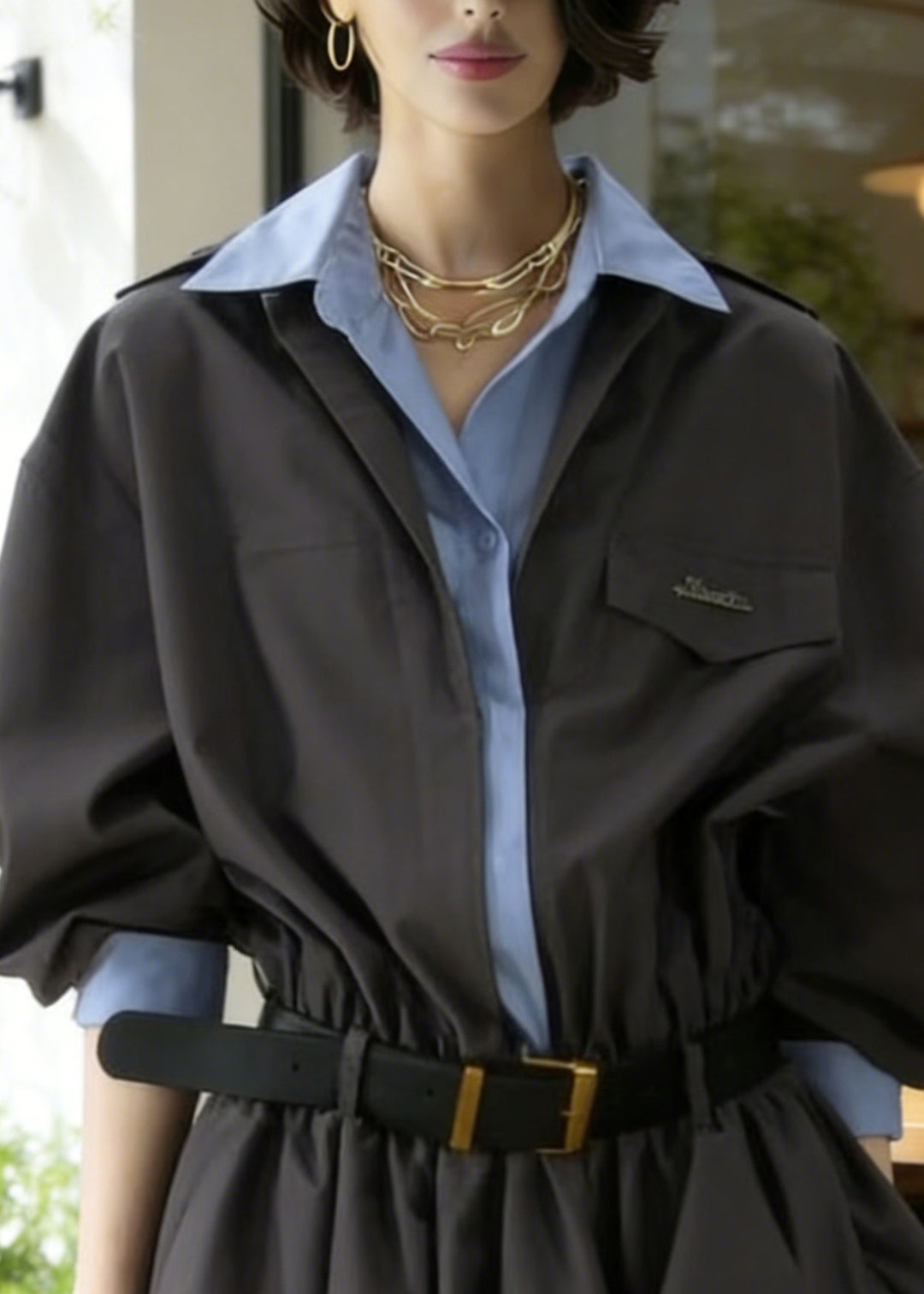 New Grey Button False Two Pieces Patchwork Cotton Shirts Dresses Spring