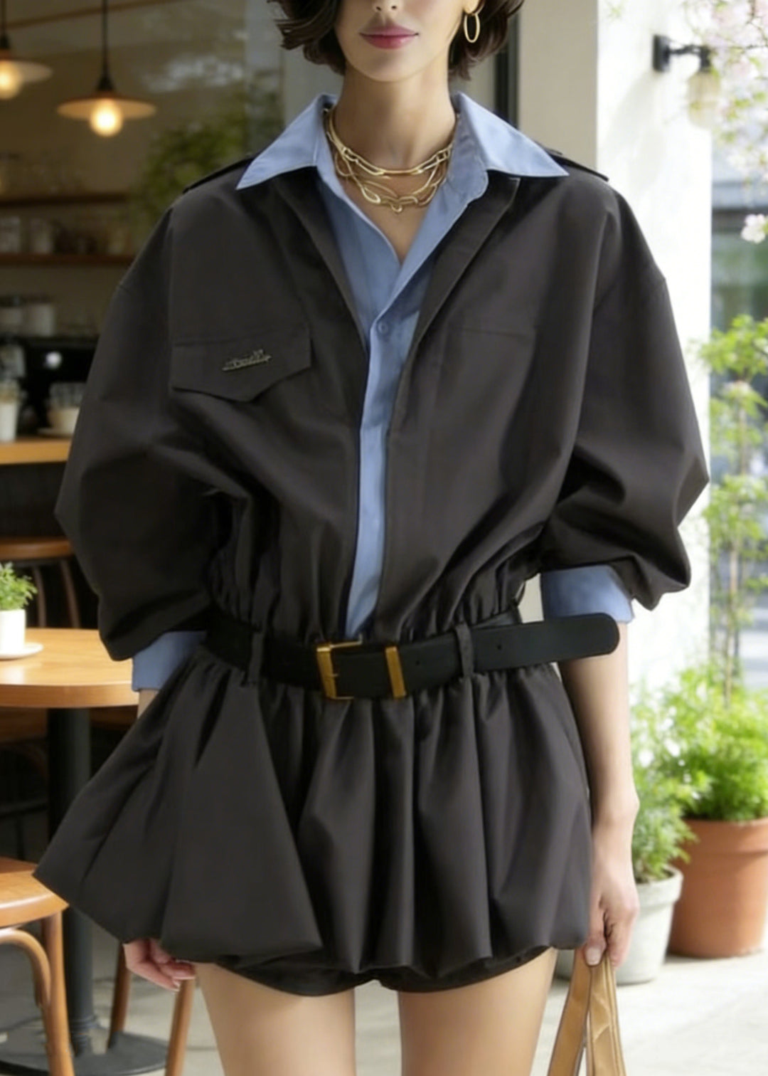 New Grey Button False Two Pieces Patchwork Cotton Shirts Dresses Spring