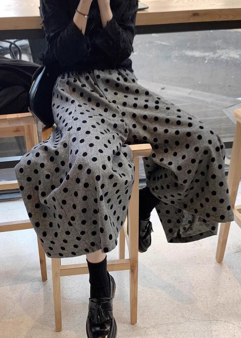 New Grey Dot Elastic Waist Cotton Wide Leg Pants Summer