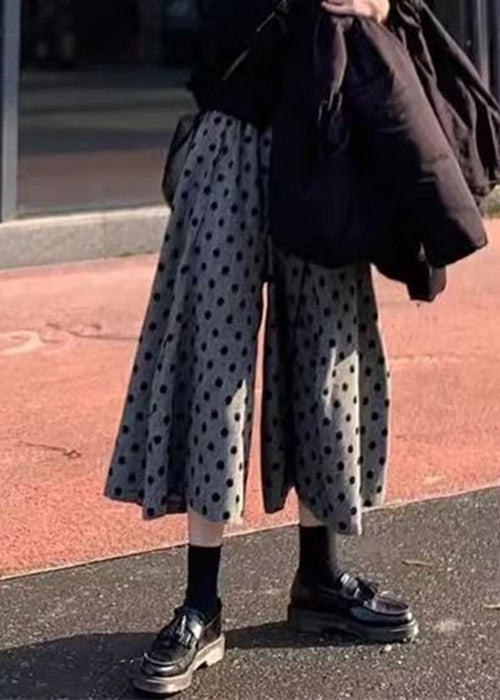 New Grey Dot Elastic Waist Cotton Wide Leg Pants Summer