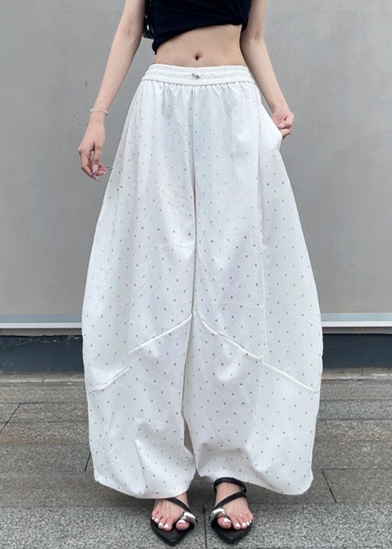 New Grey Dot Pockets Elastic Waist Cotton Wide Leg Pants Fall