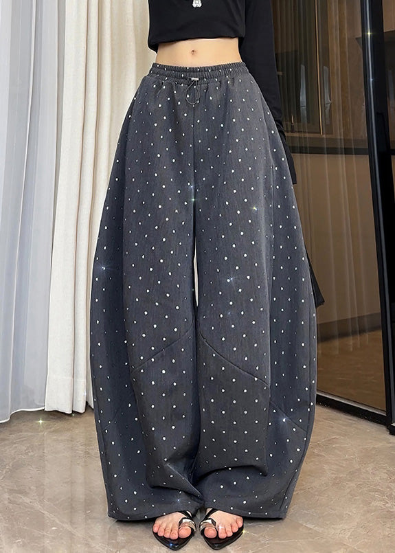 New Grey Dot Pockets Elastic Waist Cotton Wide Leg Pants Fall
