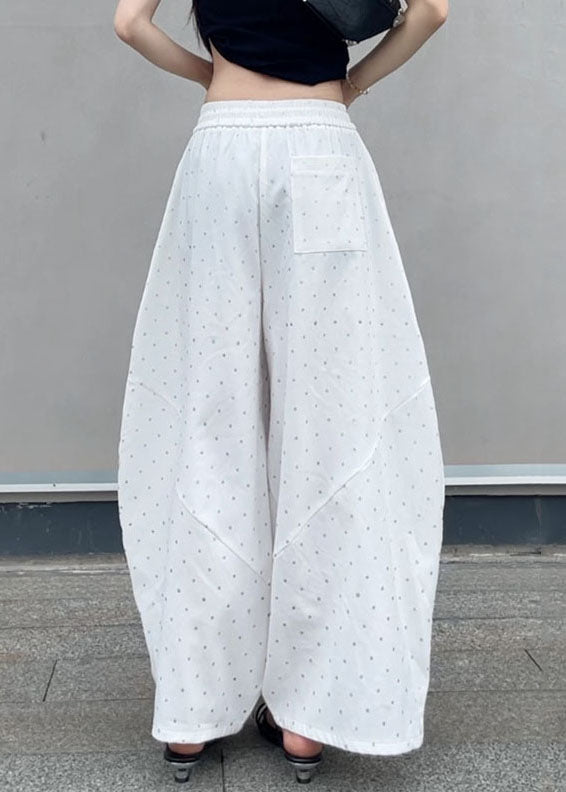 New Grey Dot Pockets Elastic Waist Cotton Wide Leg Pants Fall