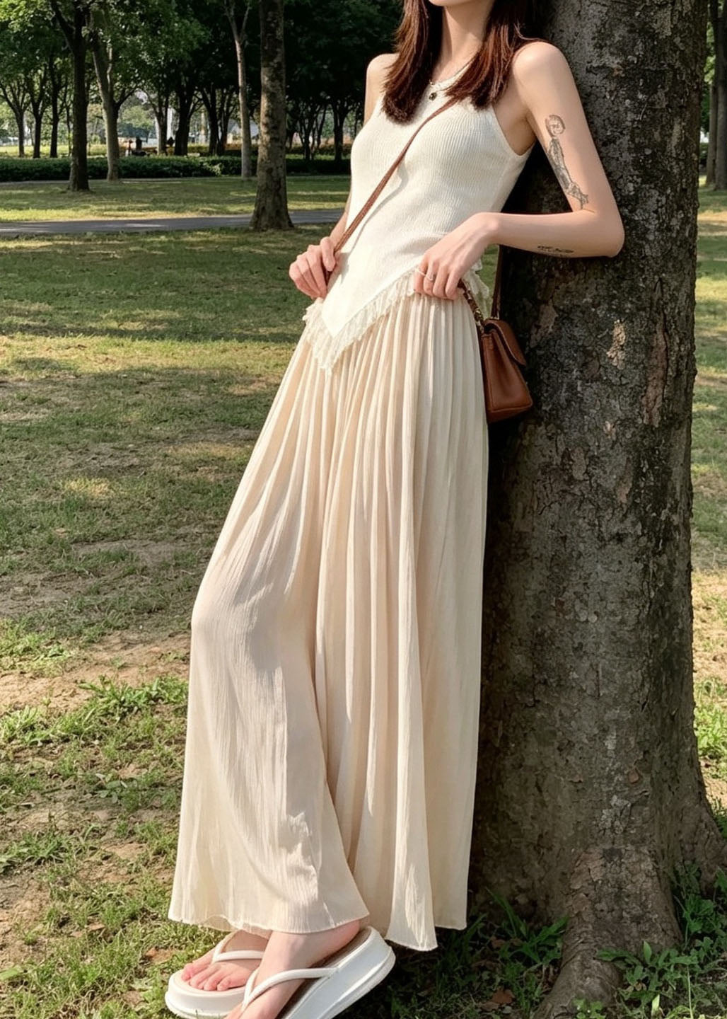 New Grey Elastic Waist Patchwork Linen Silk Wide Leg Pants Summer
