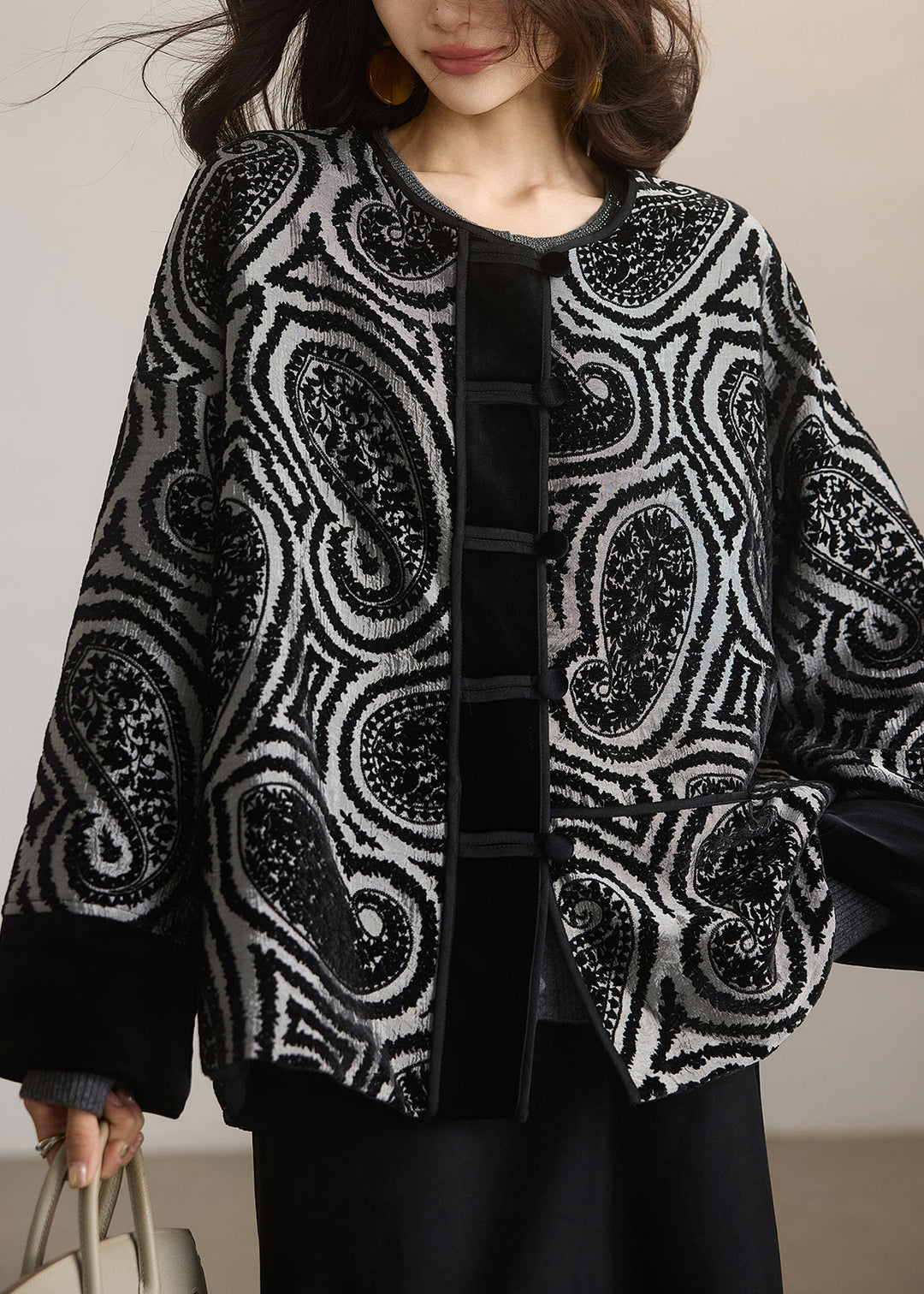 New Grey O Neck Jacquard Button Cotton Coat Outwear Spring