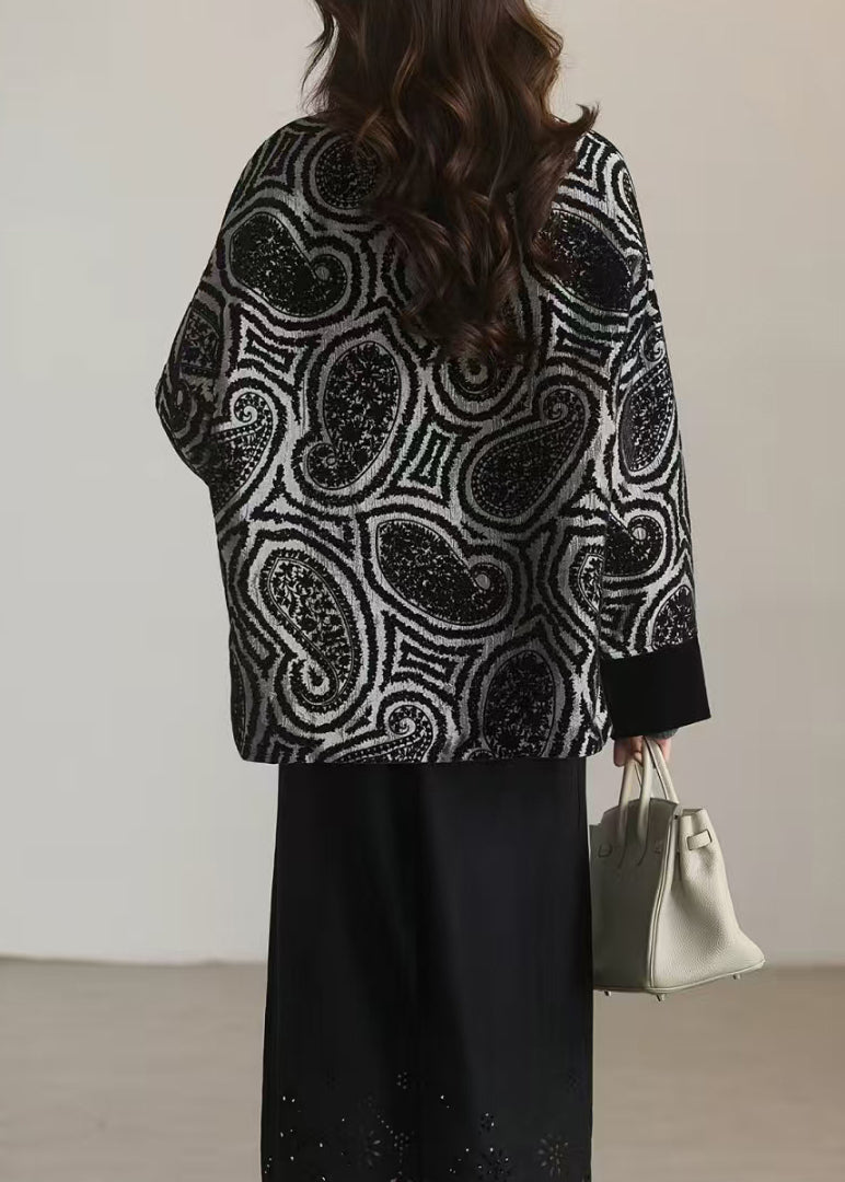 New Grey O Neck Jacquard Button Cotton Coat Outwear Spring