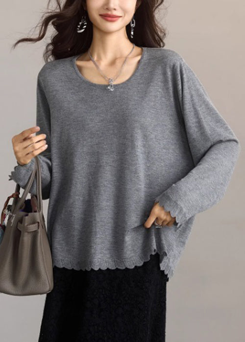 New Grey O Neck Lace Patchwork Cotton T Shirts Tops Spring