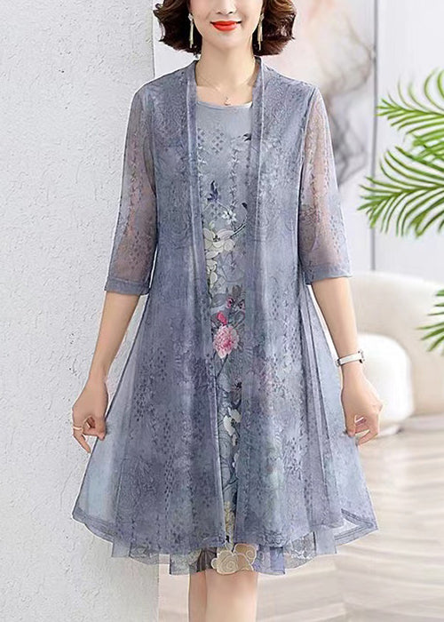 New Grey O-Neck Print Chiffon Two Pieces Set Half Sleeve