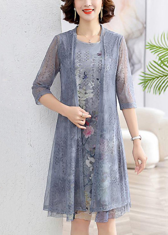 New Grey O-Neck Print Chiffon Two Pieces Set Half Sleeve