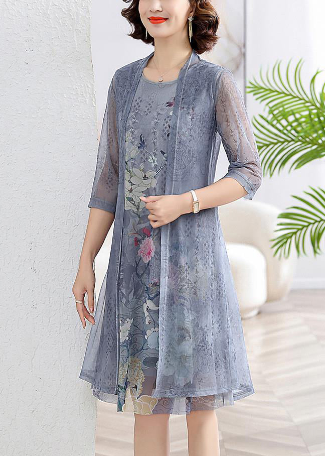 New Grey O-Neck Print Chiffon Two Pieces Set Half Sleeve